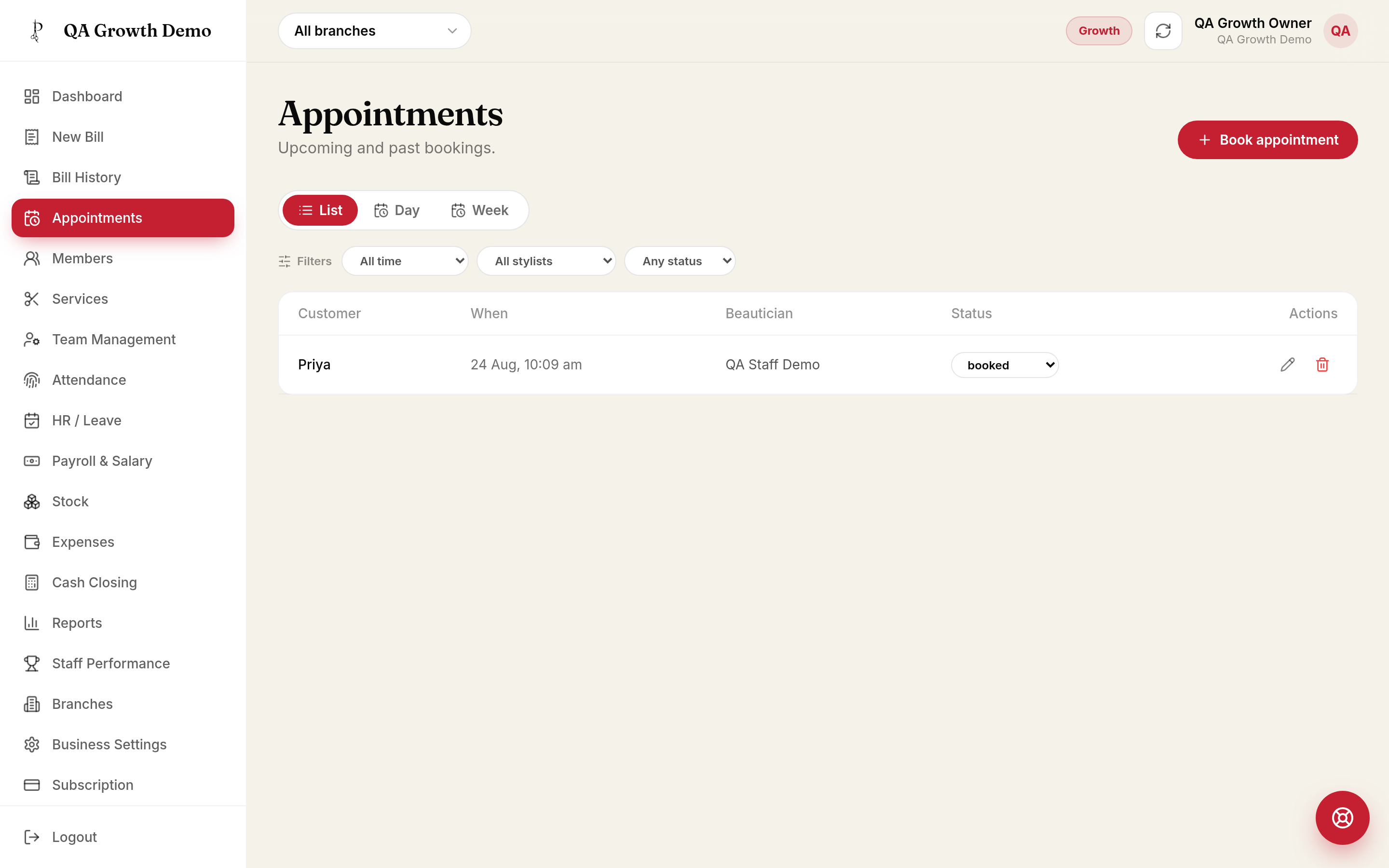 Spa appointment scheduling with therapist assignment in ParlourPilot