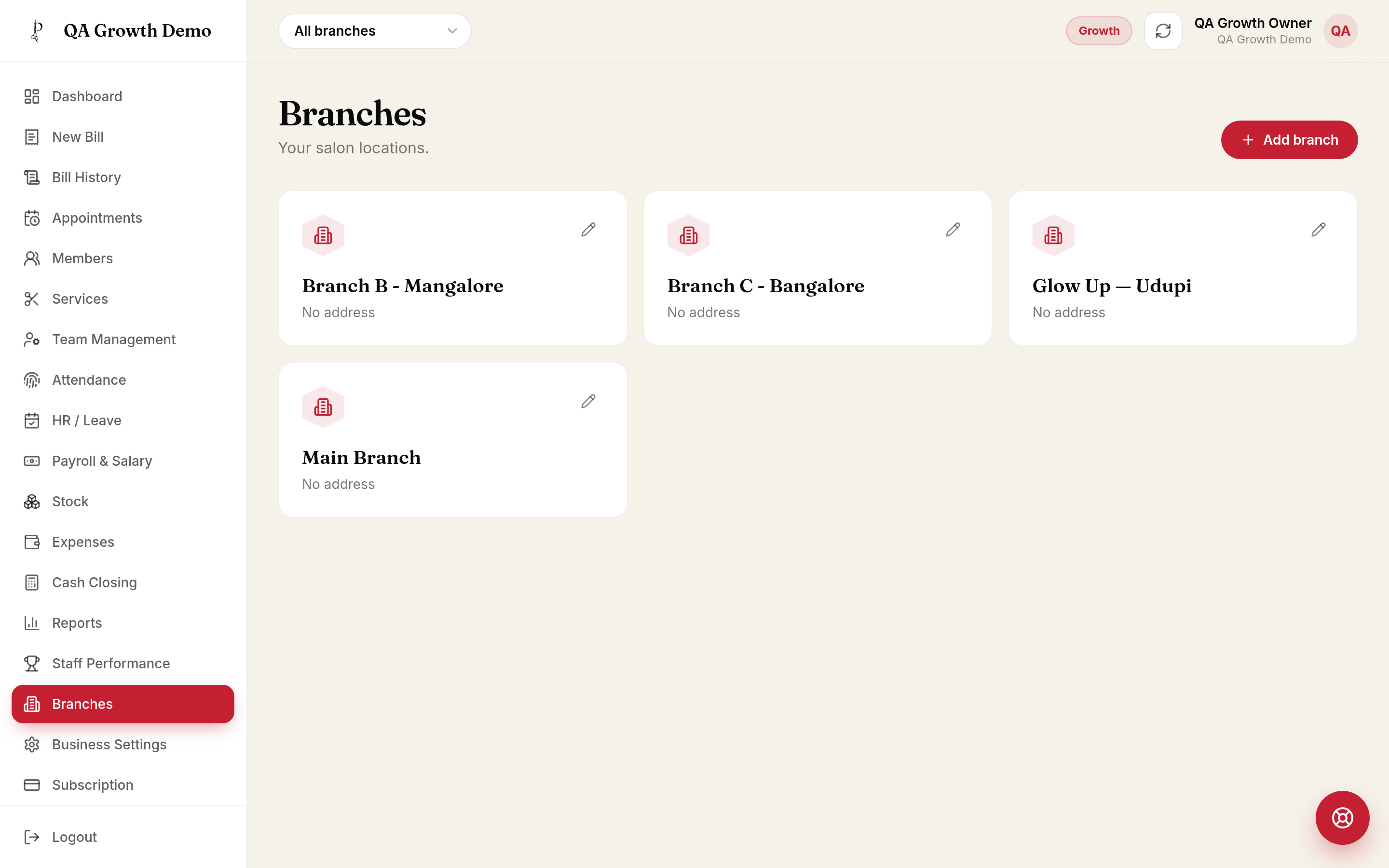 ParlourPilot multi-branch management screen for salon and wellness chains
