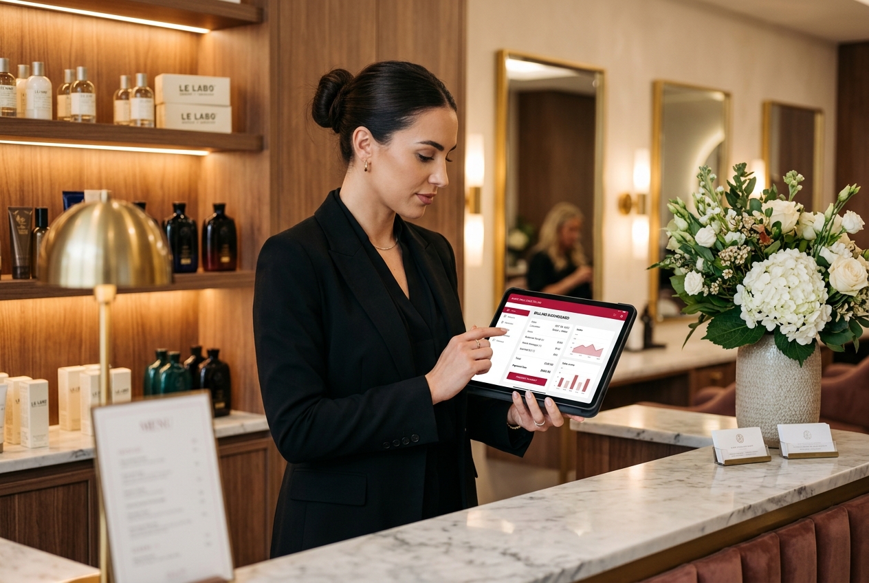 Receptionist at a luxury beauty salon front desk creating a customer bill on a tablet with ParlourPilot